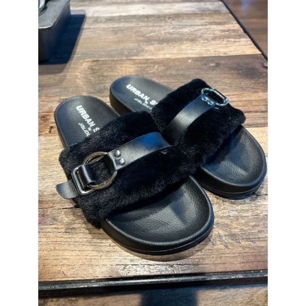 Urban Sport by J/Slides Womens Gold Buckle Slide Sandals Black Fauxโ Fur 9